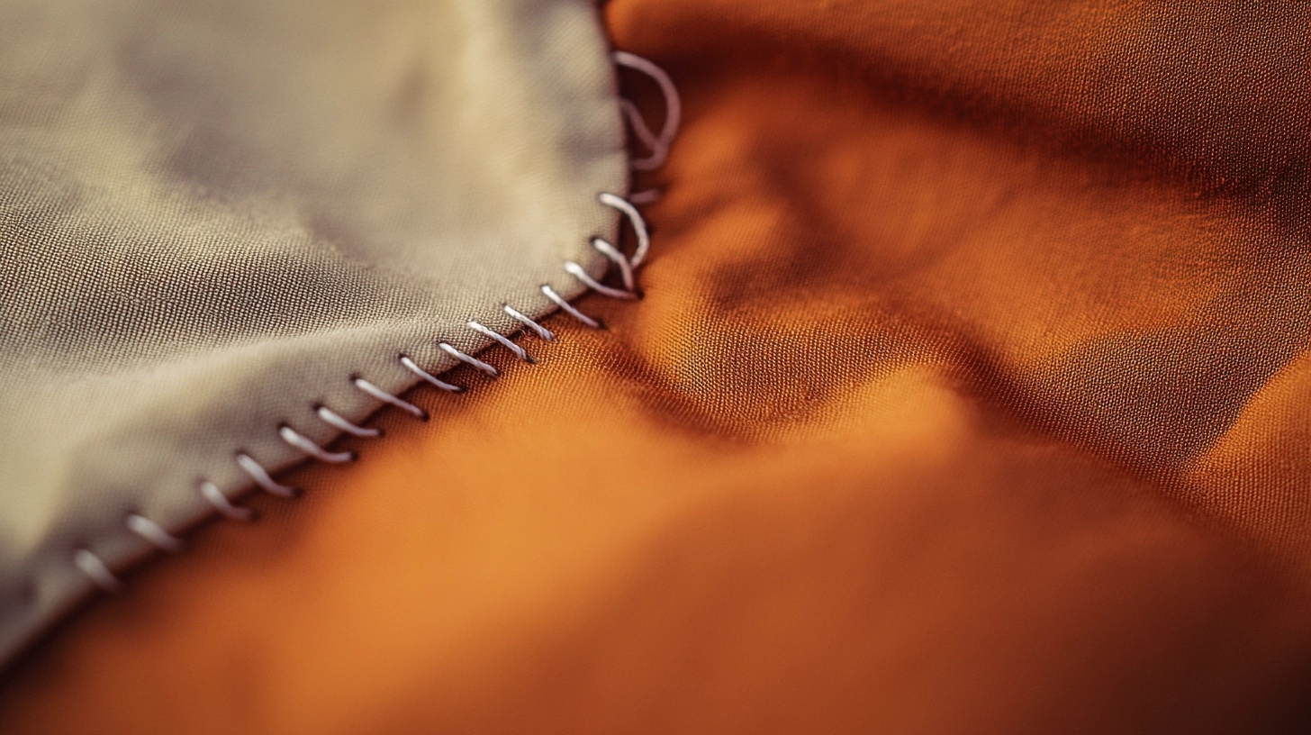 Close-up of white fabric with a running stitch being worked, needle visible